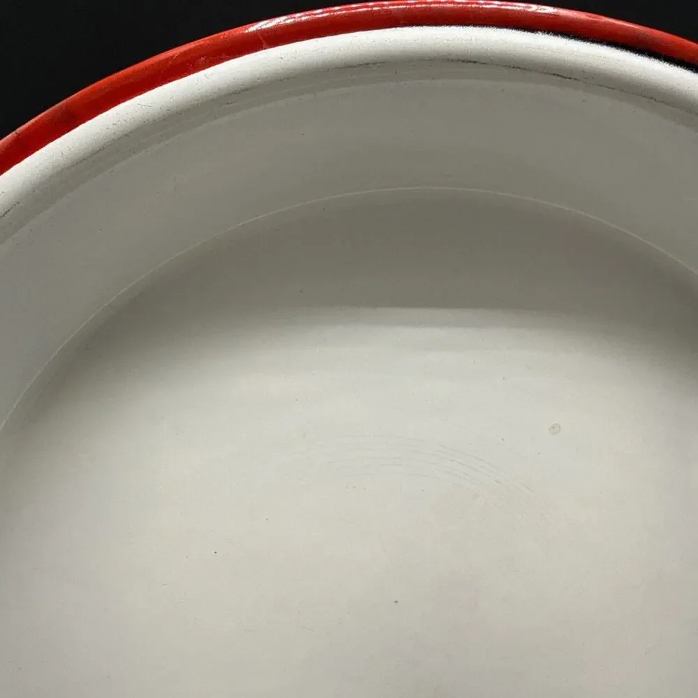 Vintage White Red Rim Enamelware Dinner Plate Farmhouse Camp Rustic 10 Inch